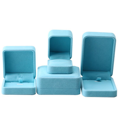 China Fabricação por atacado de alta qualidade Caixa de Anel de Colar Feito à Mão Embalagem de Joias Logotipo Personalizado Luxuoso Quadrado Camurça Veludo Azul Céu Caixa de Joias