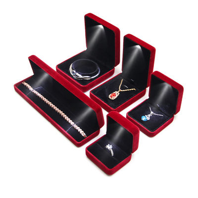 Caixa de embalagem de jóias de luxo de Hanhong em relevo LED veludo marrom Caixa de anel personalizada com luz