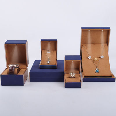 19x19x4cm Blue Velvet PU Leather Jewelry Gift Box com luz LED e revestimento de veludo