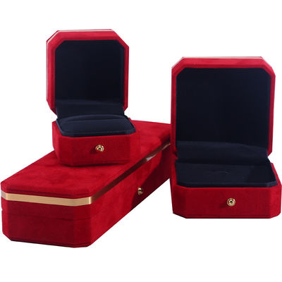 Caixa de joias artesanal OEM ODM com logotipo personalizado, caixa de joias de veludo vermelho com borda dourada