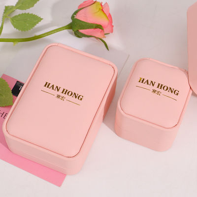 caixa de joias com logotipo personalizável, caixa de joias de couro rosa artesanal de alta qualidade