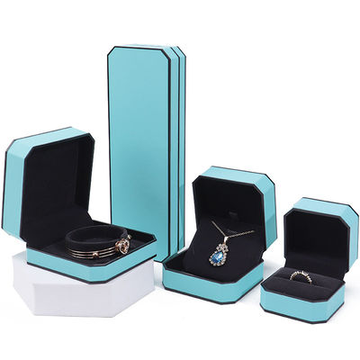 Cyan Elegante Octagonal Couro Falsos Caixa de jóias Pacote com ornamentação de bordo preto