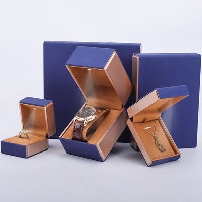 19x19x4cm Blue Velvet PU Leather Jewelry Gift Box com luz LED e revestimento de veludo